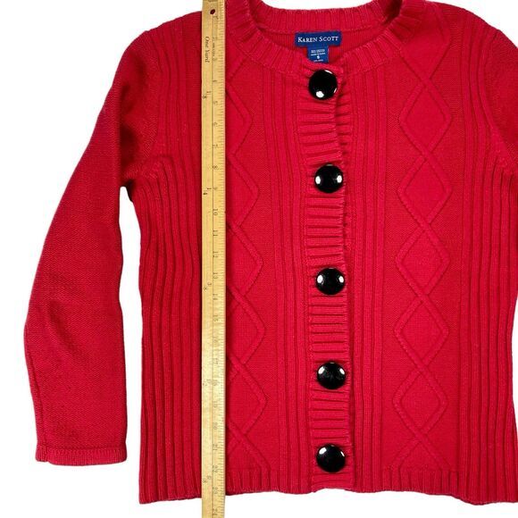 Karen Scott Cardigan Sweater Womens S Red Chunky Cable Knit Granny Cozy Academia - Picture 12 of 16